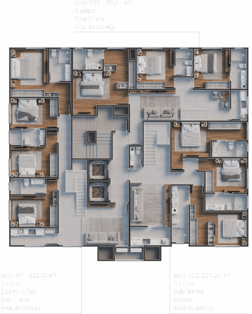 Pavimento 3 — Apto 301 (232,30 m²) · Apto 302 (207,20 m²) · Apto 303 (192,51 m²)