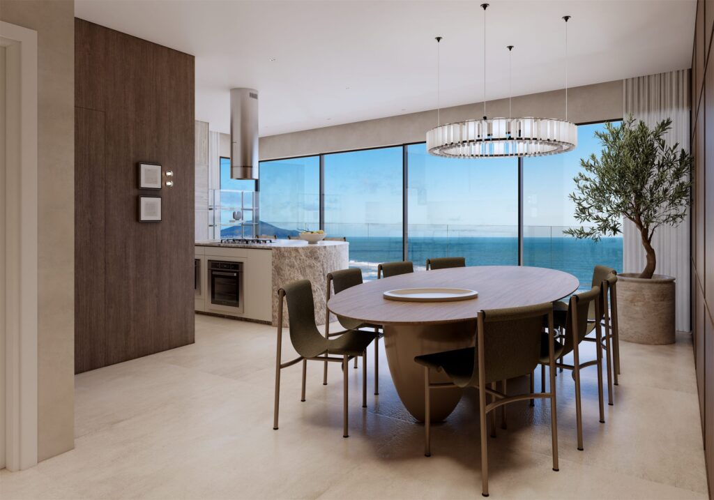Living e sala de jantar com vista para o mar