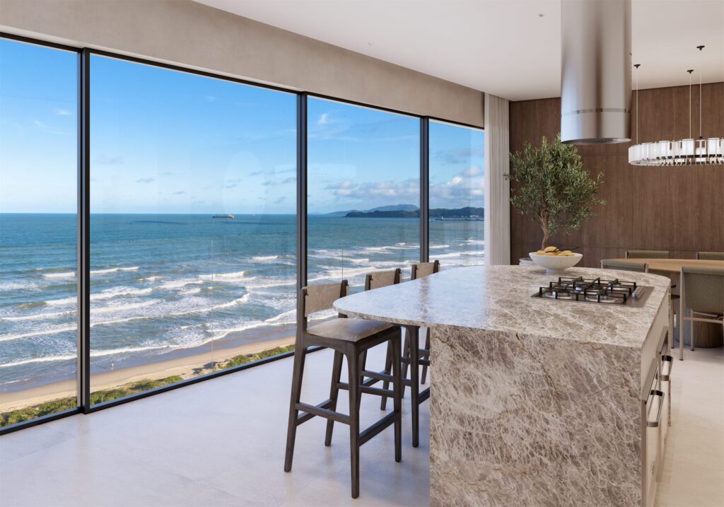 Ilha da cozinha e vista para o mar