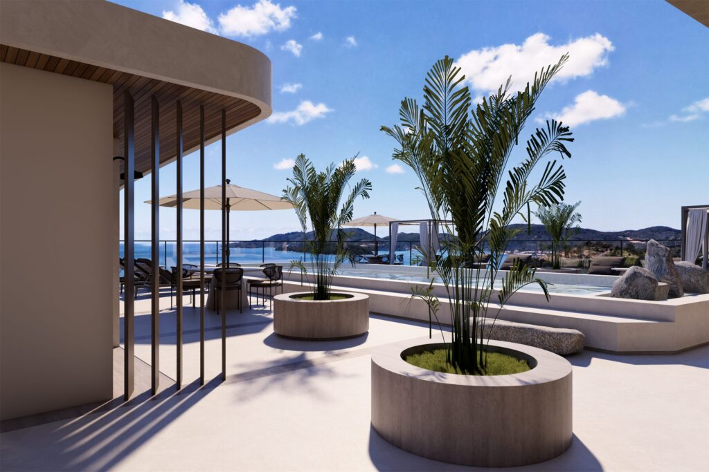 Terraço com paisagismo e vista mar