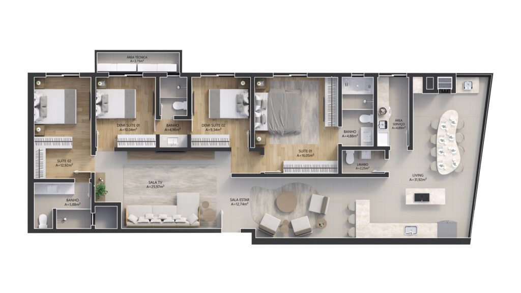 Final 02, planta híbrida — 166,14 m² · 2 suítes e 2 demi-suítes