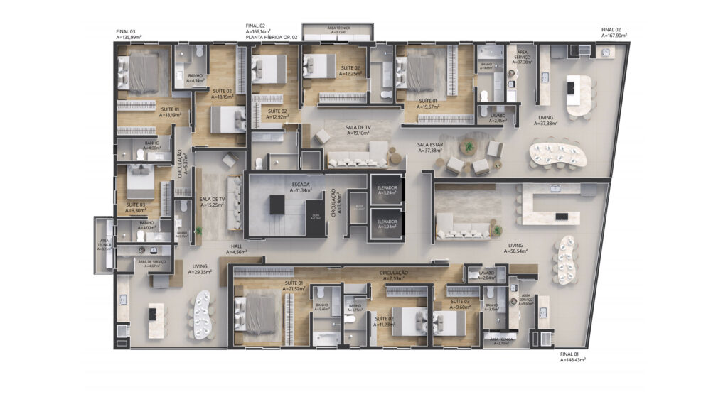 Pavimento tipo — 3 apartamentos por andar