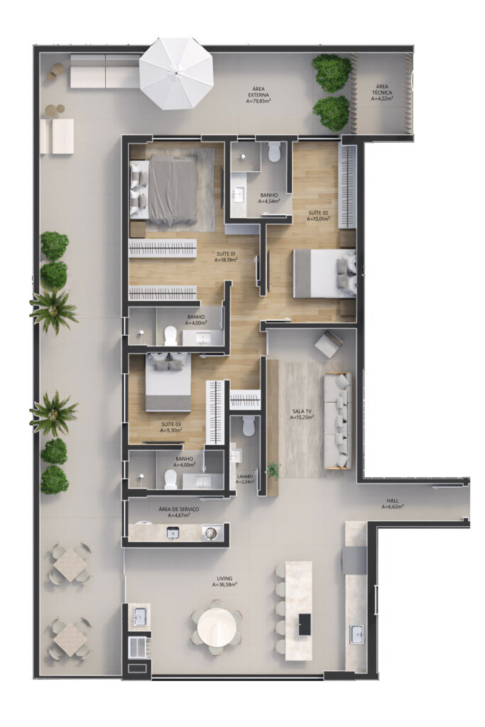 Apartamento com terraço — 3 suítes · 79,85 m² de área externa